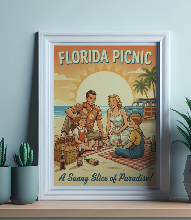 Framed "Florida Picnic" art with a family enjoying a sunny beach day.