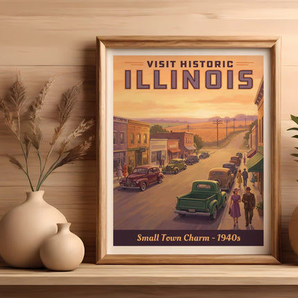 Vintage illustration of Illinois small town charm, 1940s scene.