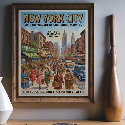 Vintage New York City market poster with text.