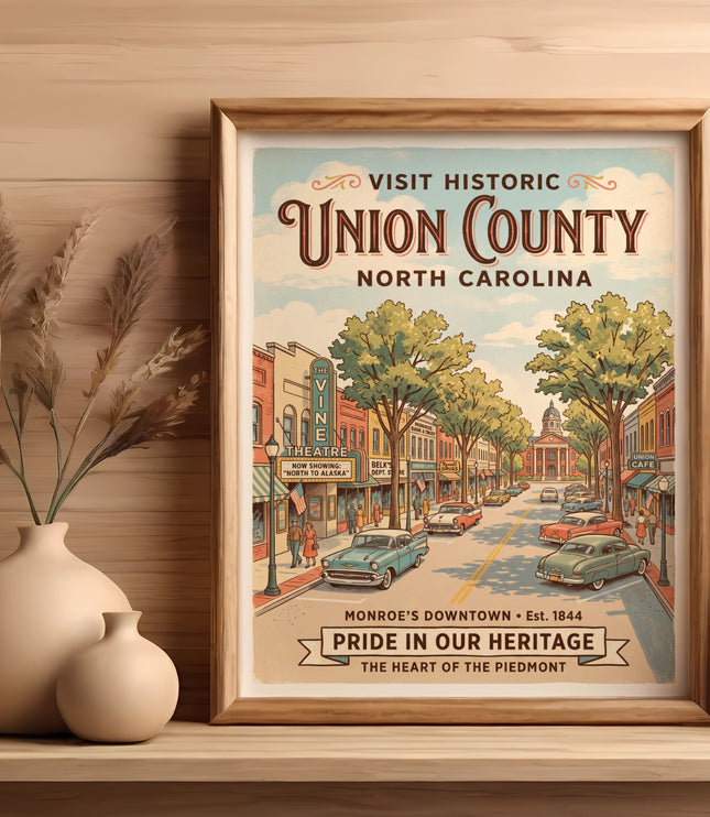 Vintage travel poster of Union County, North Carolina, with downtown scene.