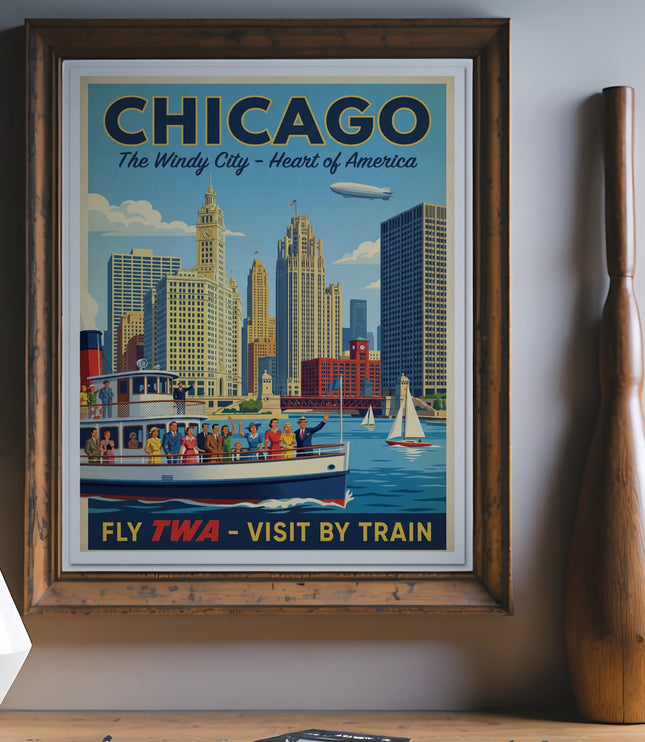 Vintage Chicago travel poster with cityscape, boat, and text "FLY TWA - VISIT BY TRAIN".