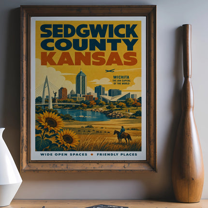 Sedgwick County Kansas poster featuring Wichita, sunflowers, and city skyline.
