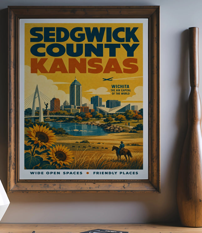 Sedgwick County Kansas poster featuring Wichita, sunflowers, and city skyline.
