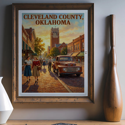 Vintage art print of Cleveland County, Oklahoma street scene with retro truck.