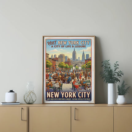 Vintage "Visit New York City" poster with cityscape and people enjoying parks.