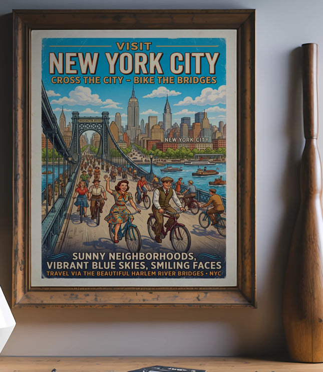 Vintage New York City poster with people biking across a bridge and city skyline.