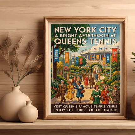 Vintage "Queens Tennis" poster depicting people watching a match in New York City.
