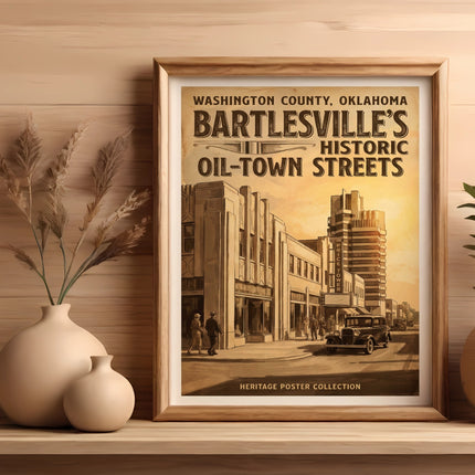 Bartlesville's Historic Oil-Town Streets poster with Price Tower and vintage cars.