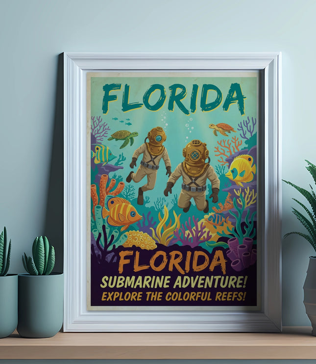 Florida submarine adventure poster with divers and marine life.