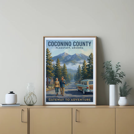 Coconino County Flagstaff Arizona vintage travel poster with couple and station wagon.