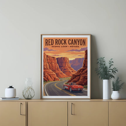 Red Rock Canyon Scenic Loop Nevada art print with red convertible car.
