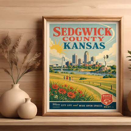 Sedgwick County, Kansas vintage travel poster with city skyline and text.