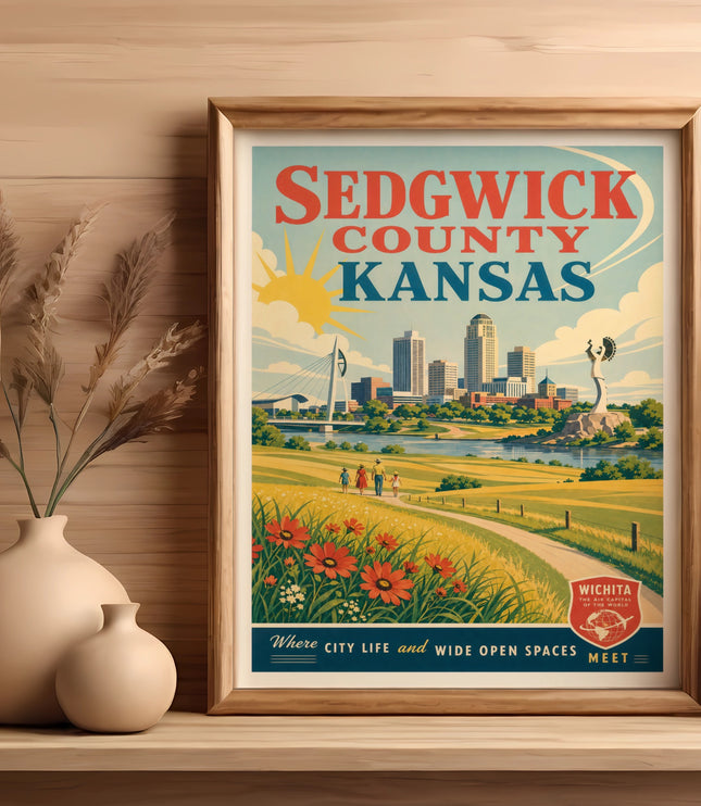 Sedgwick County, Kansas vintage travel poster with city skyline and text.