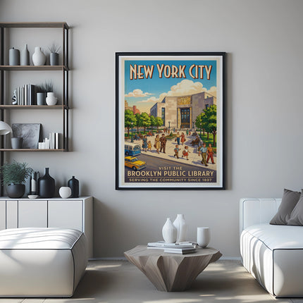 New York Public Library vintage travel poster on wall between two white sofas.