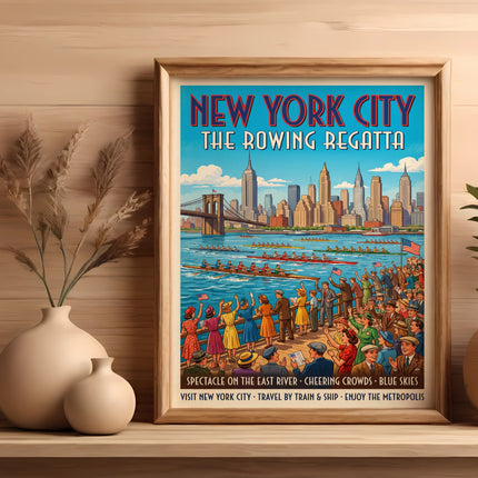New York City rowing regatta poster with cityscape and cheering crowds.