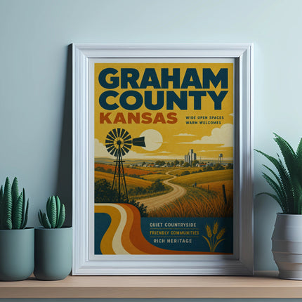 Graham County, Kansas vintage travel poster with windmill and rolling hills.