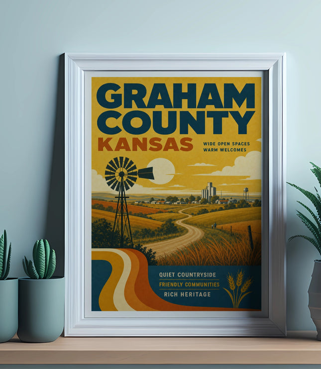 Graham County, Kansas vintage travel poster with windmill and rolling hills.