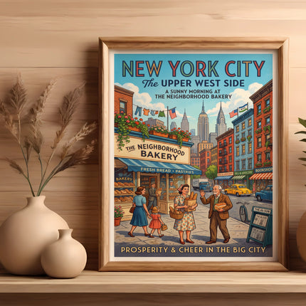 Vintage New York City "The Neighborhood Bakery" poster with street scene.