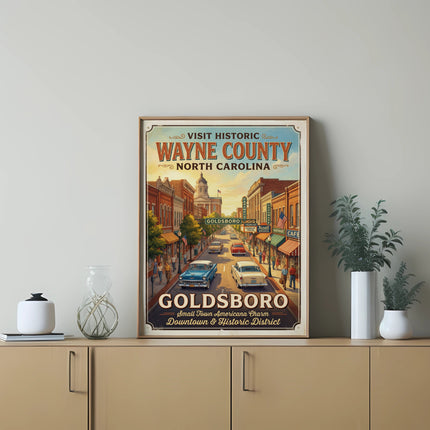 Historic Wayne County North Carolina vintage travel poster with Goldsboro downtown scene.