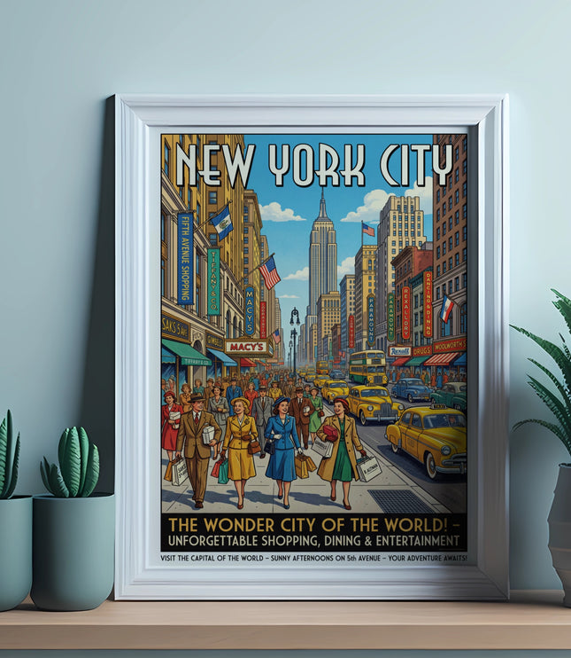 New York City vintage poster featuring Fifth Avenue shopping, Empire State Building, and people.