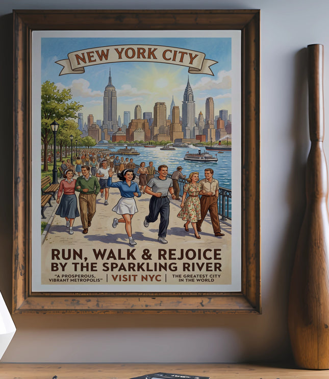 New York City skyline with people running by the river, text "Run, Walk & Rejoice".