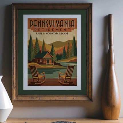 Pennsylvania retirement lake and mountain escape vintage poster.
