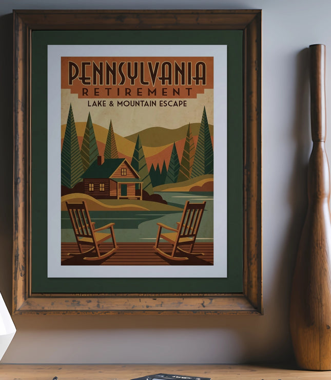 Pennsylvania retirement lake and mountain escape vintage poster.