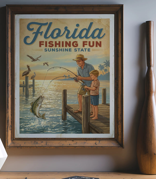 Florida Fishing Fun Sunshine State poster with father and son fishing.