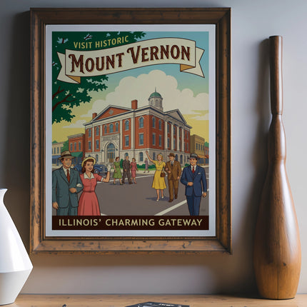 Mount Vernon Illinois charming gateway vintage travel poster with historic building and people.