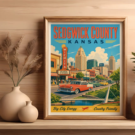 Vintage Sedgwick County, Kansas travel poster with Wichita skyline and vintage car.