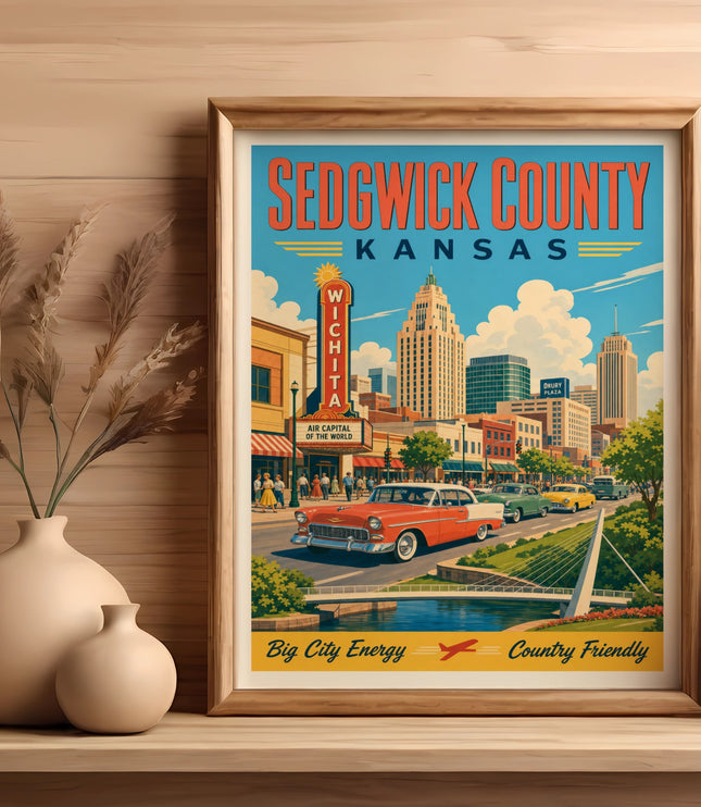 Vintage Sedgwick County, Kansas travel poster with Wichita skyline and vintage car.