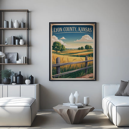 Framed artwork depicts a wheat field with trees and a fence under a blue sky.