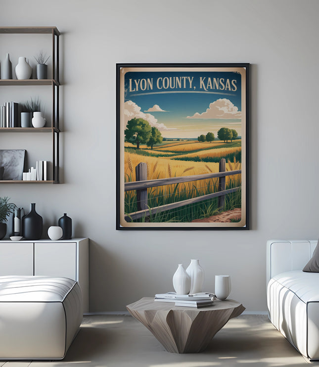 Framed artwork depicts a wheat field with trees and a fence under a blue sky.
