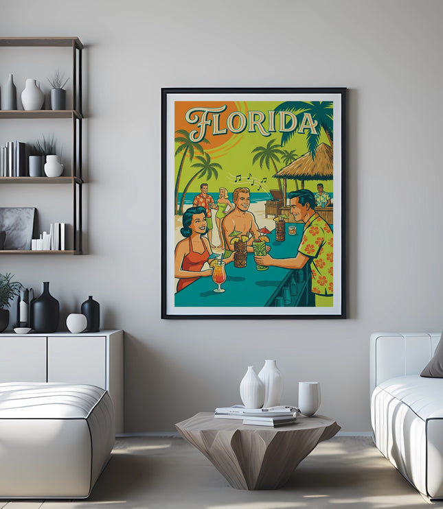 Vintage Florida travel poster with people at a beach bar.