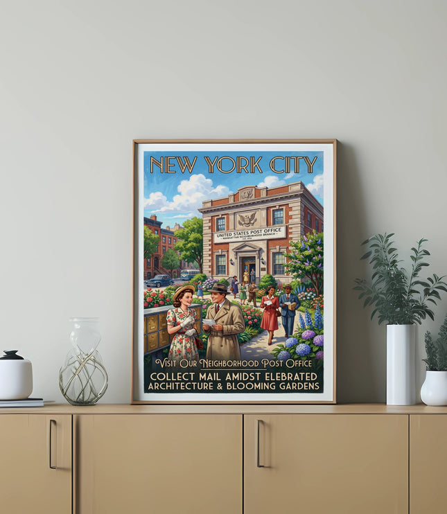 New York City vintage travel poster of a post office with people and gardens.