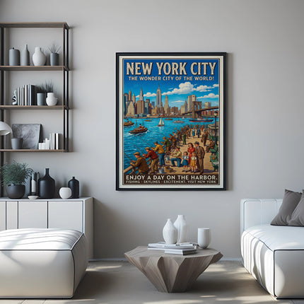 New York City travel poster featuring a harbor scene with boats and skyscrapers.