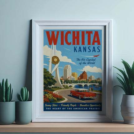 Vintage Wichita, Kansas poster with red car and city skyline.