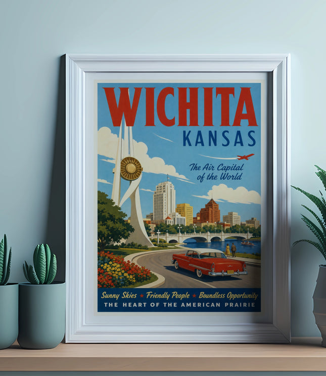 Vintage Wichita, Kansas poster with red car and city skyline.