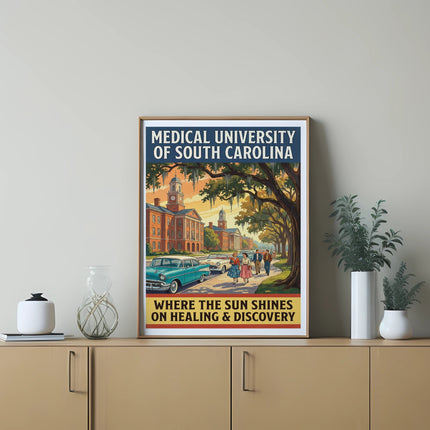Medical University of South Carolina poster with vintage cars and text about healing and discovery.