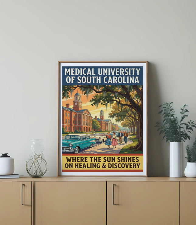 Medical University of South Carolina poster with vintage cars and text about healing and discovery.