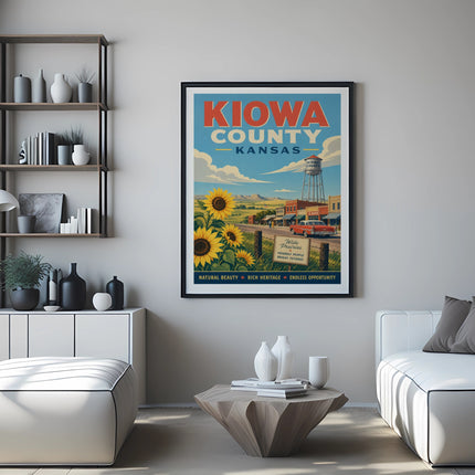 Vintage travel poster for Kiowa County, Kansas, featuring sunflowers and a small town scene.