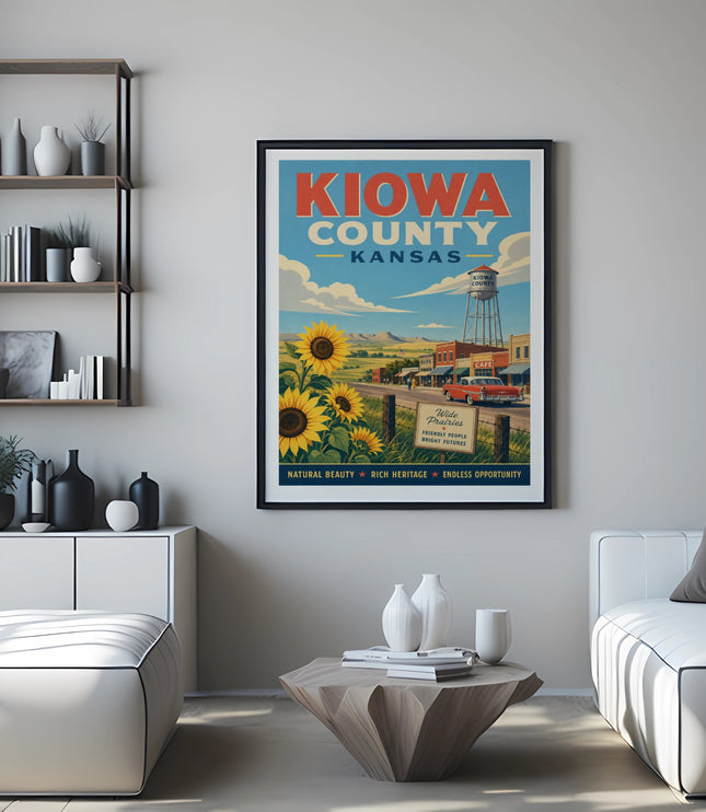 Vintage travel poster for Kiowa County, Kansas, featuring sunflowers and a small town scene.