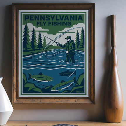 Pennsylvania Fly Fishing poster with angler, fish, and trees.