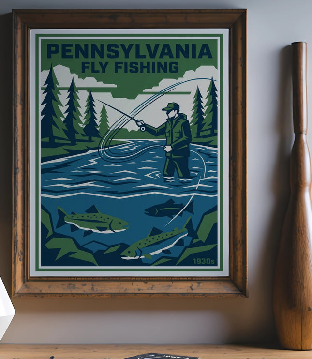 Pennsylvania Fly Fishing poster with angler, fish, and trees.