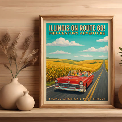 Retro red convertible on Route 66, cornfields, and "Mid-Century Adventure" text.