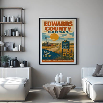 Edwards County Kansas travel poster with sunflowers and farmland.