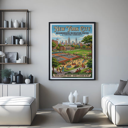 New York City Neighborhood Recreation Center poster with cityscape and park activities.