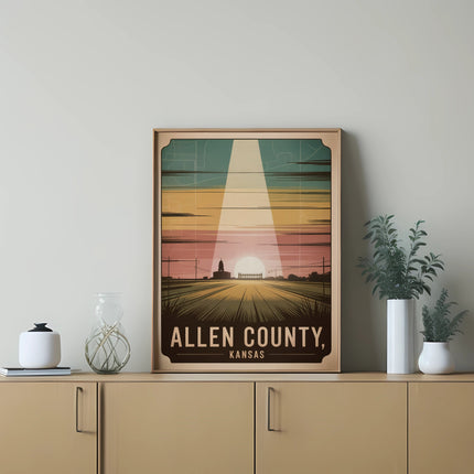 Allen County, Kansas vintage travel poster with a sunset over farmland.