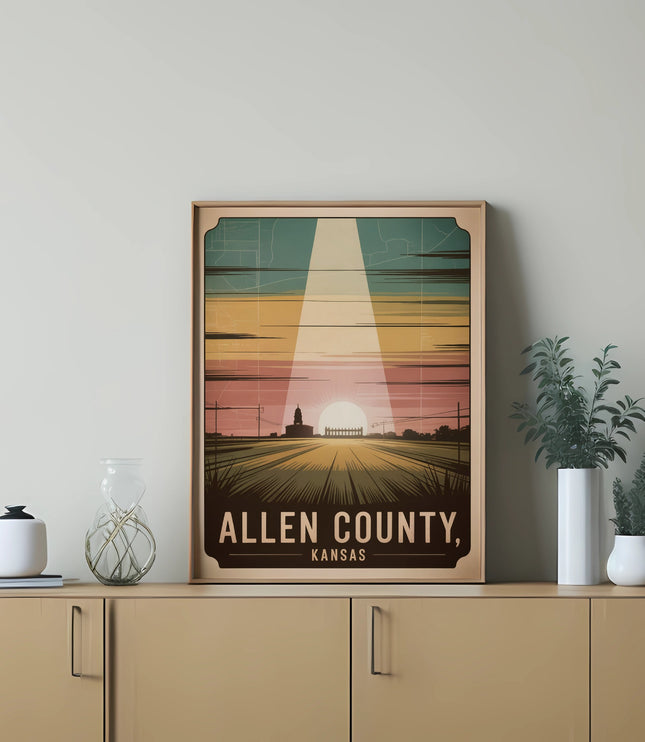 Allen County, Kansas vintage travel poster with a sunset over farmland.
