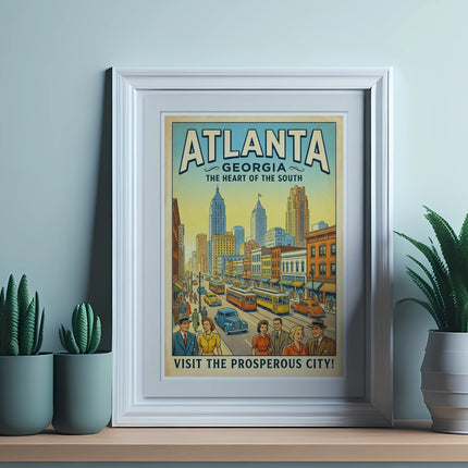 Vintage poster of Atlanta, Georgia, showing a city street scene with cars and buildings.